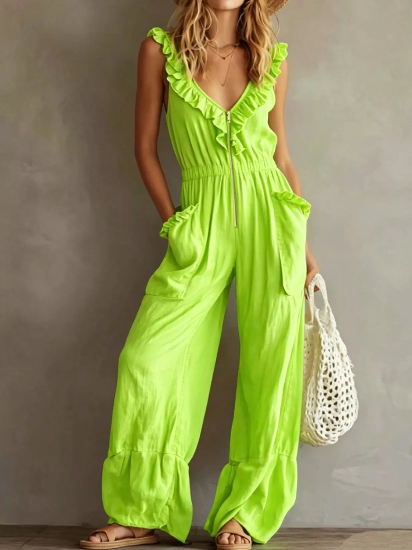 Ruffled V-Neck Wide Leg Jumpsuit