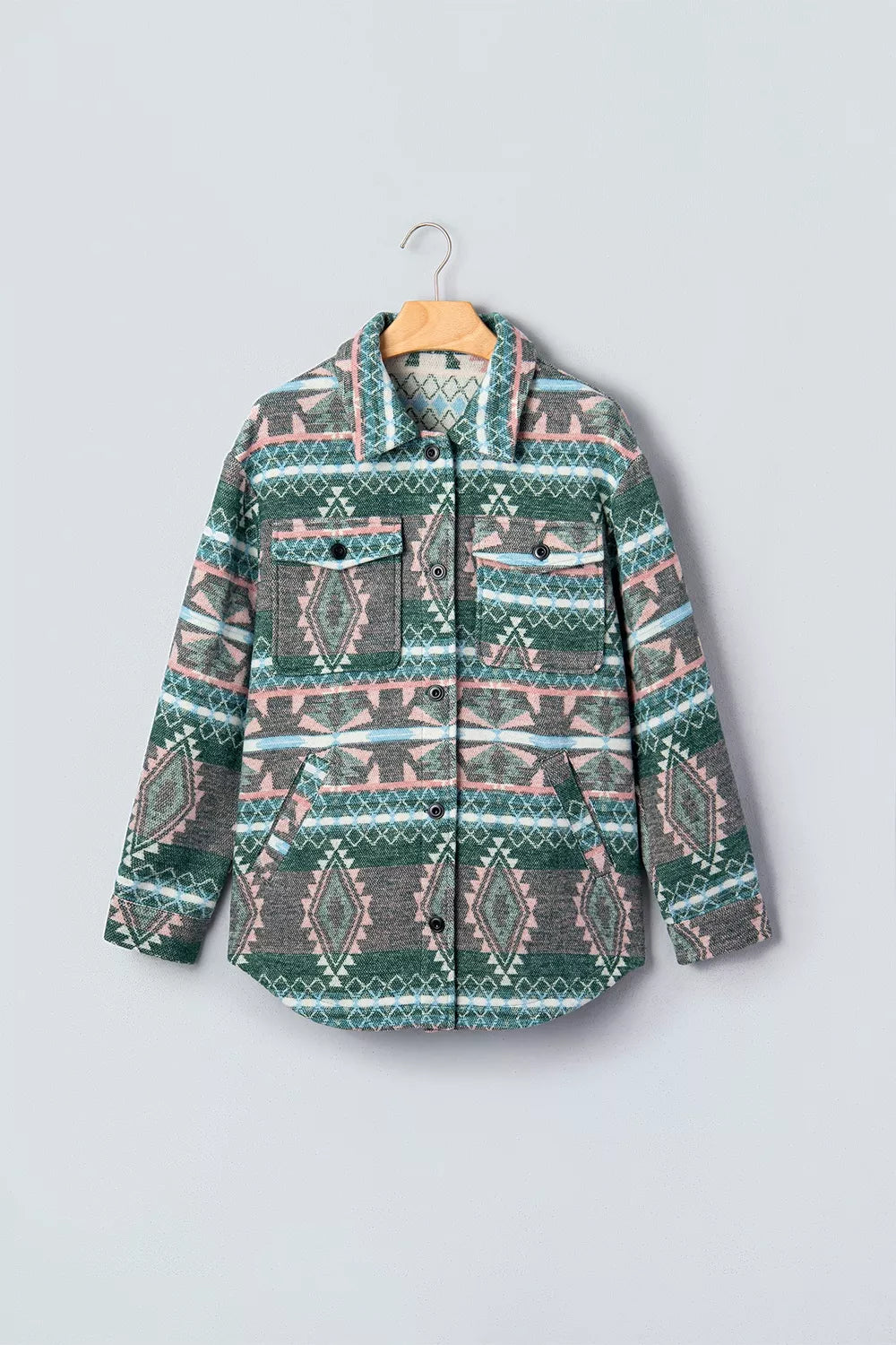 Geometric Print Button Front Long Sleeve Shacket