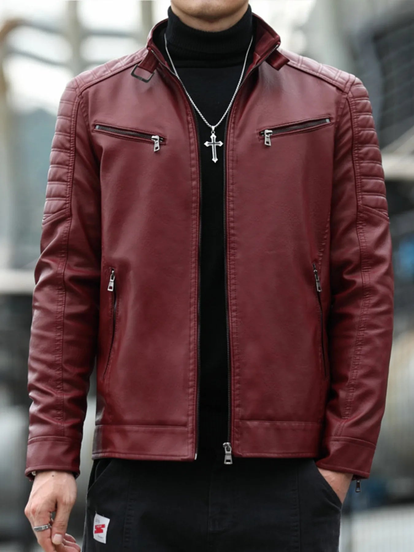 Men's Plus Size Slim Fit Faux Leather Motorcycle Jacket