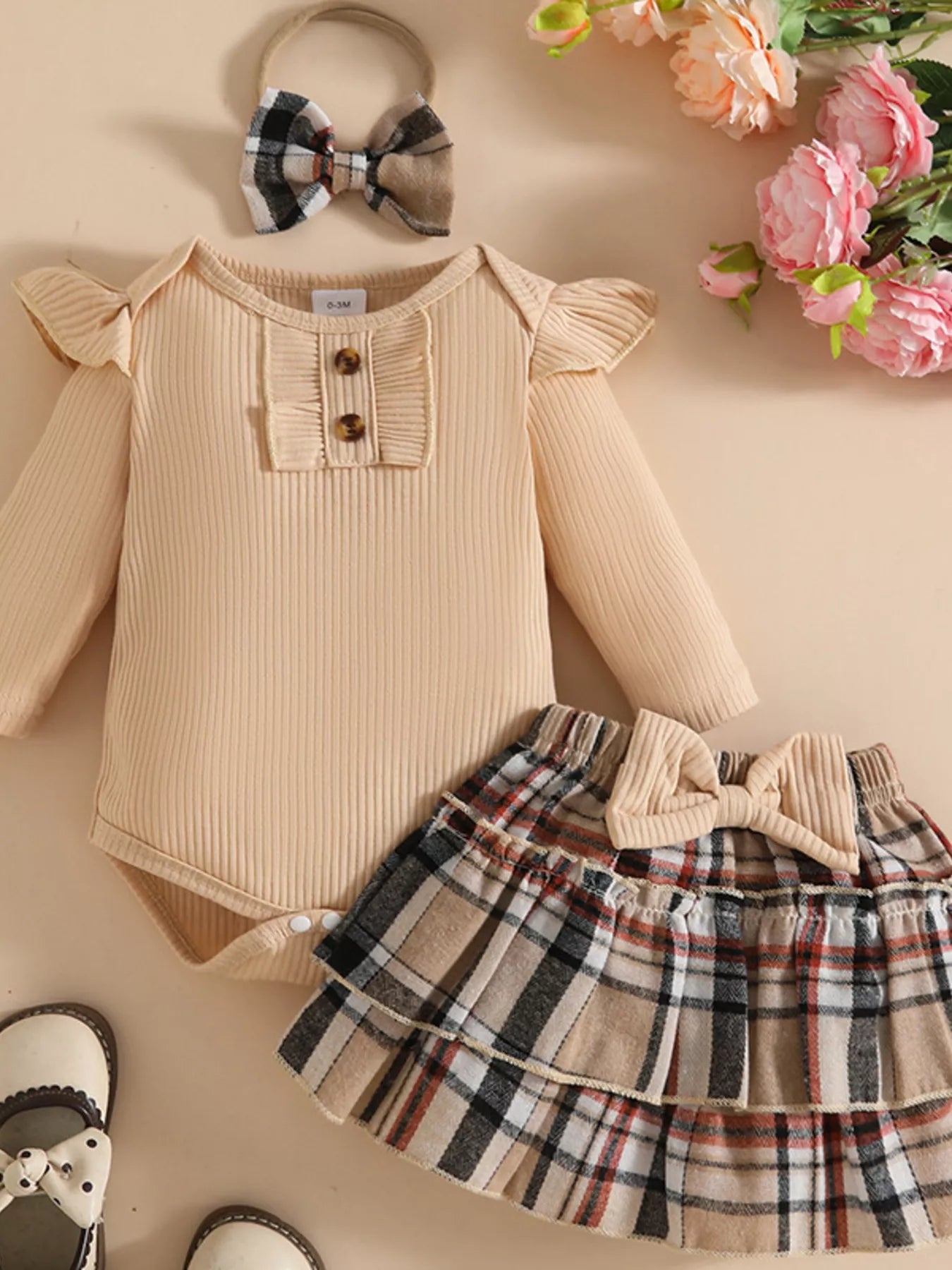 Children's Ruffled Ribbed Bodysuit and Skirt Set with Headband