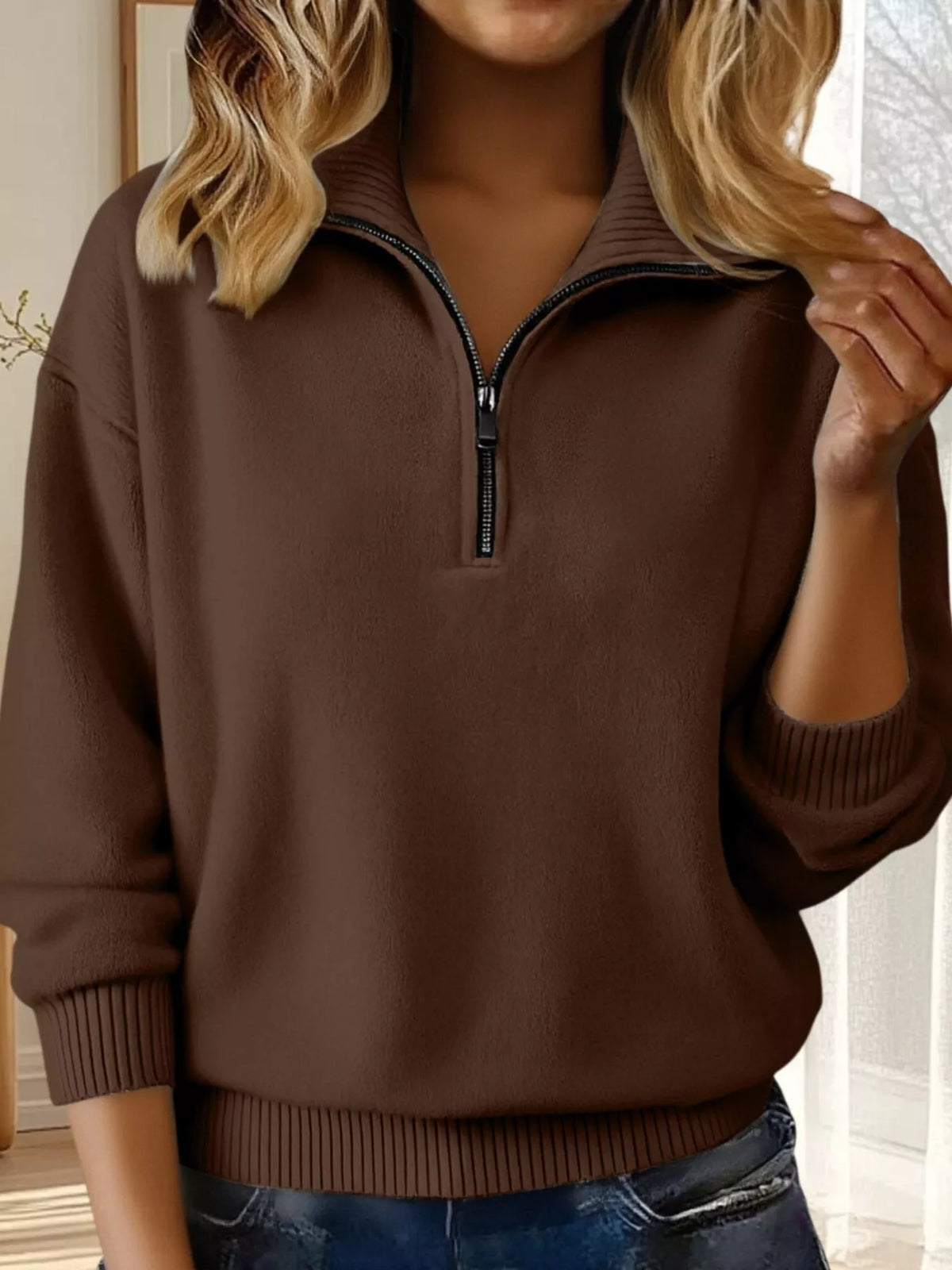 Full Size Half Zip Dropped Shoulder Sweater Plus Size