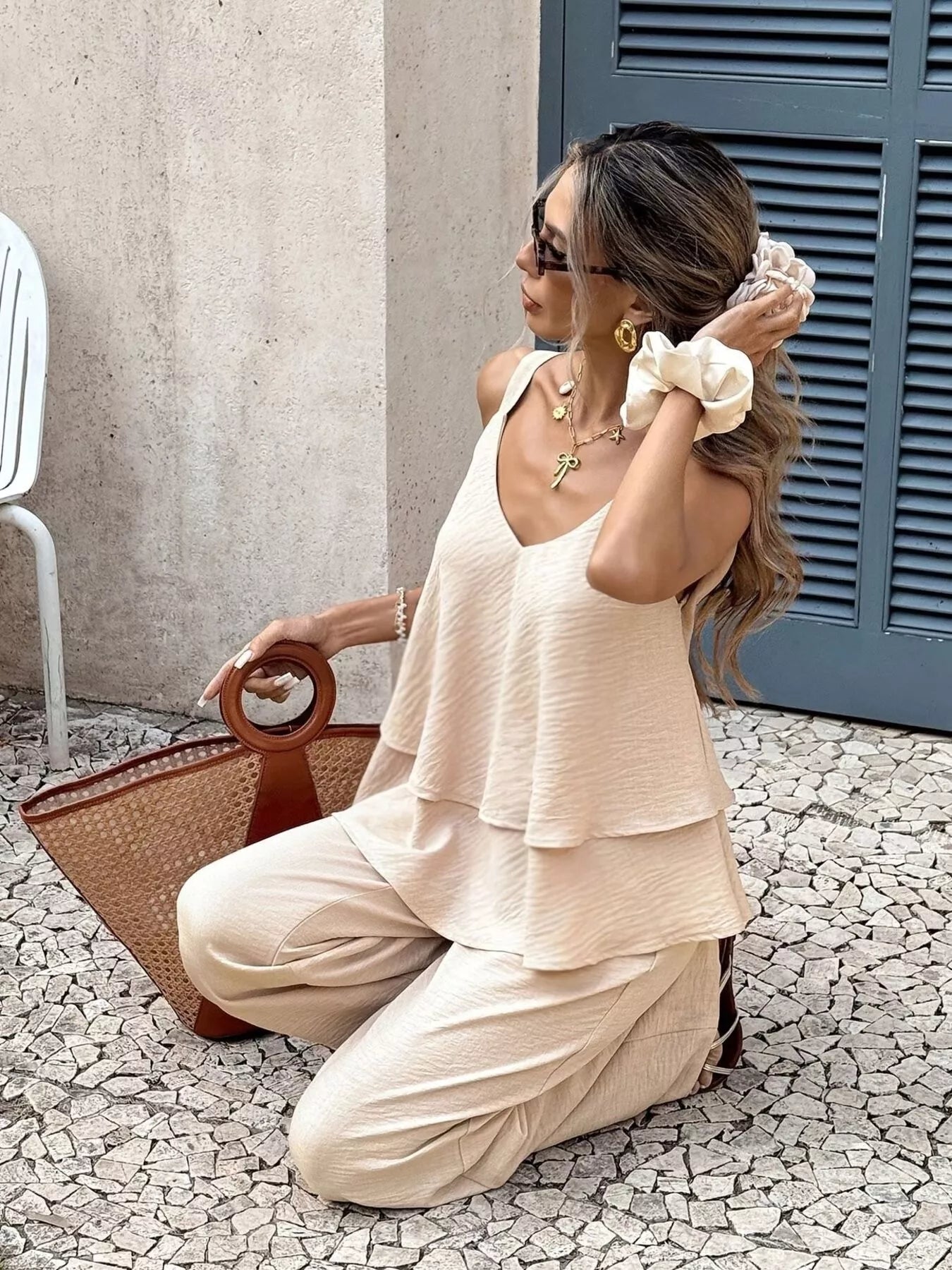 V-Neck Top and Wide-Leg Pants Set