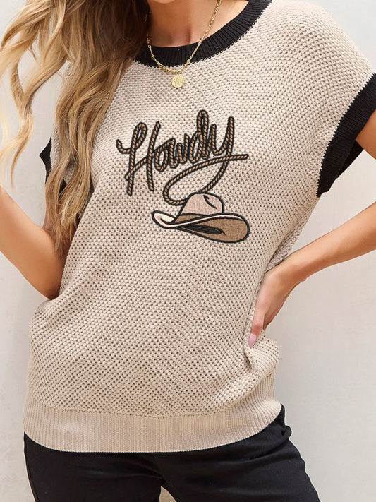 Howdy Cowboy Hat Embroidered Short Sleeve Sweater