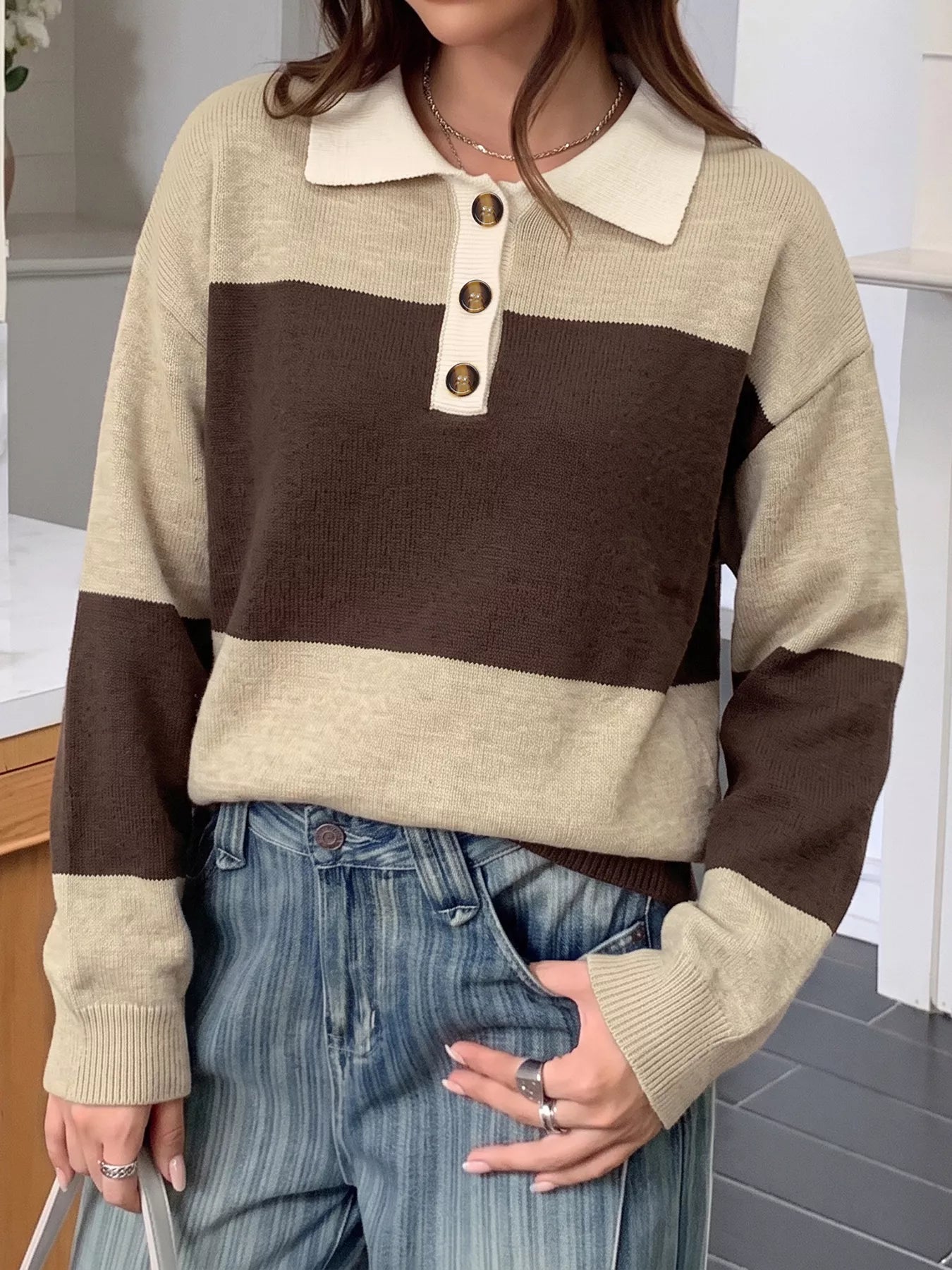 Color Block Polo Collar Sweater