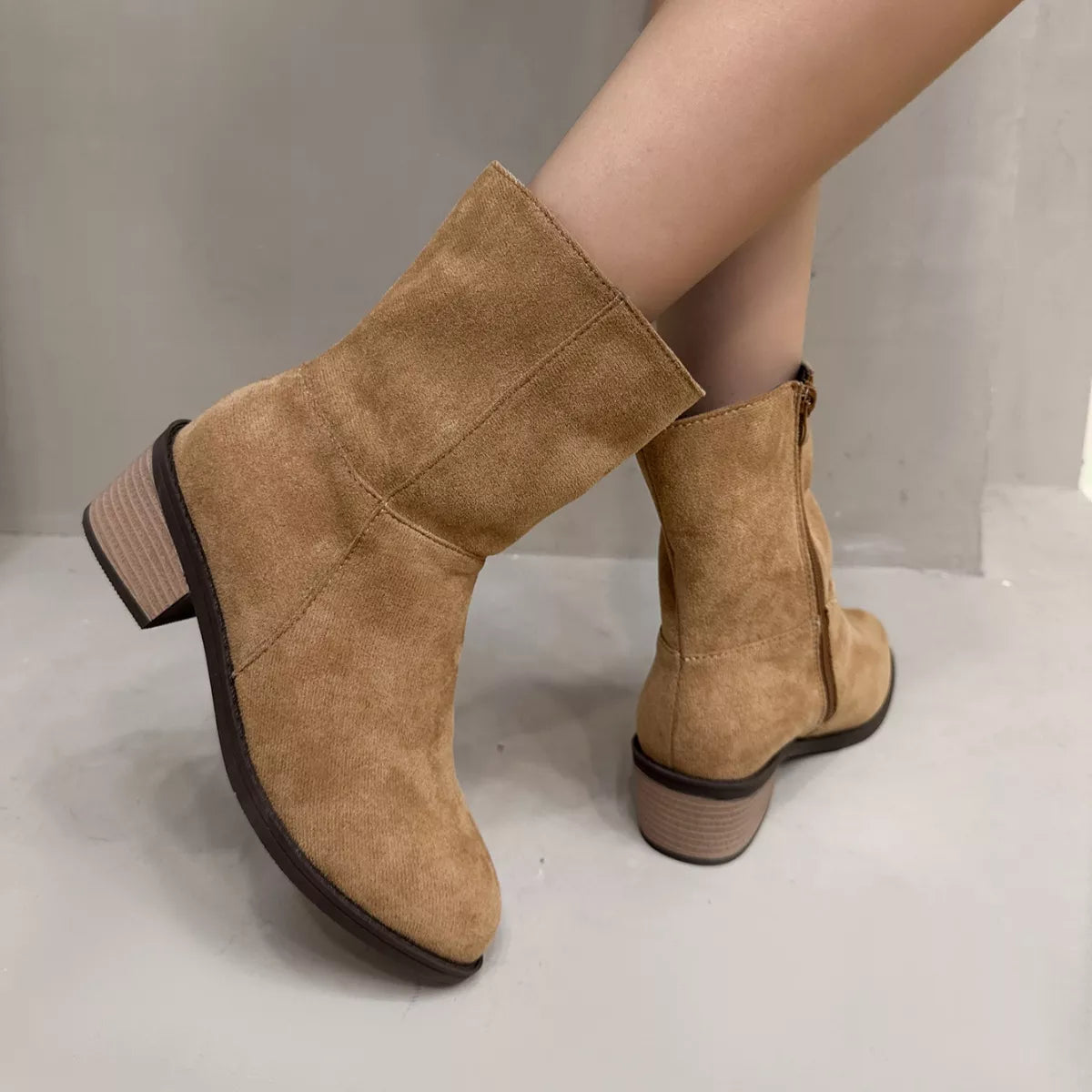 Round Toe Block Heels Ankle Boots