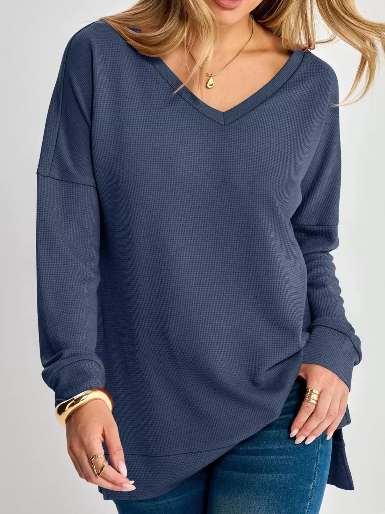 Side Slit Waffle Knit V-Neck T-Shirt