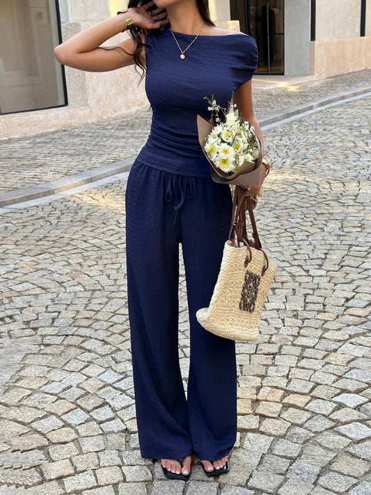 Asymmetrical Neck Top and Pants Set