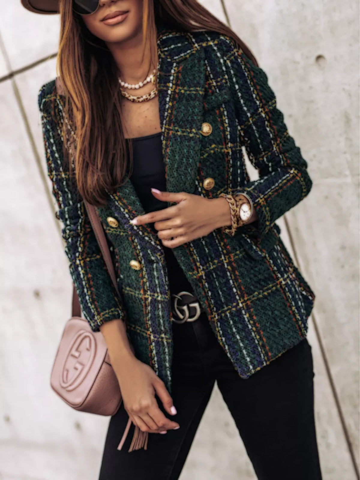 Full Size Plaid Tweed Double-Breasted Blazer Plus Size