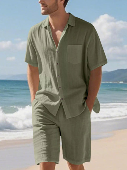 Men's Full Size Casual Button Up Shirt and Shorts Set Plus Size