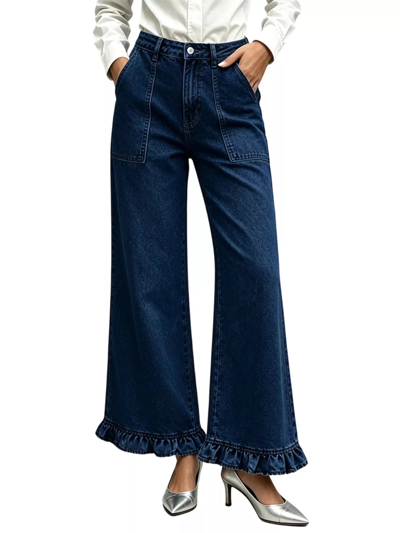 High-Waisted Wide-Leg Ruffle Hem Jeans