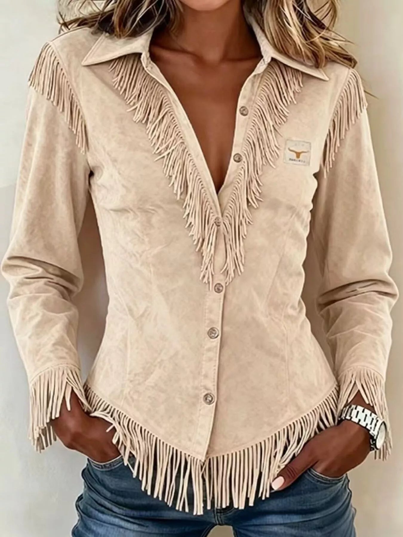 Full Size Fringed Collared Neck Shirt Plus Size