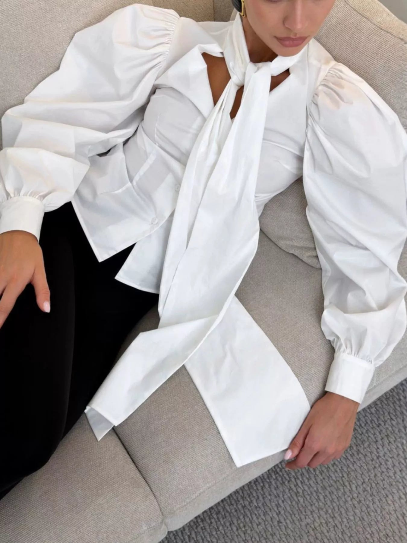 Bow Tie Puffed Sleeves Blouse