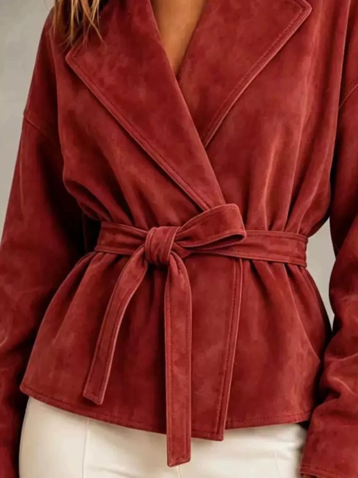 Tie-Waist Lapel Collar Jacket