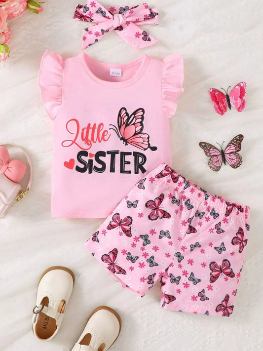 Children's Little Sister Butterfly Print Ruffle Trim Set