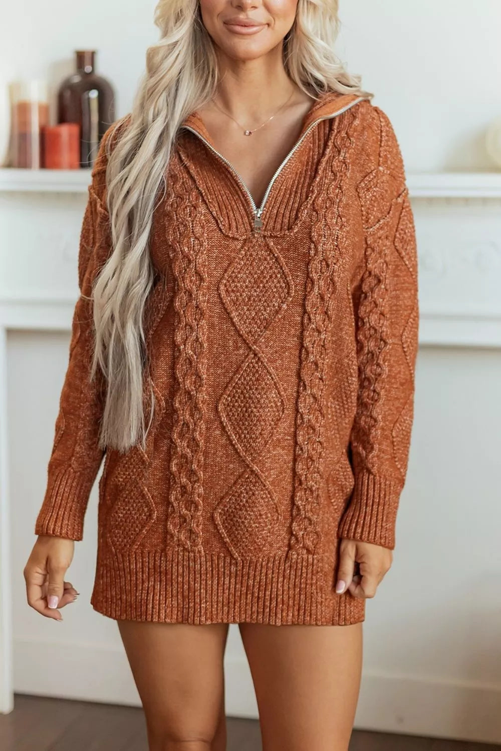 Zip-Up Cable Knit Drop Shoulder Sweater Dress