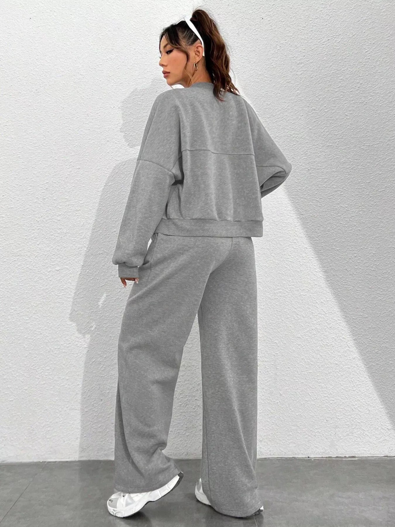 Casual Solid Color Zipper Jacket and Wide Leg Pants Set