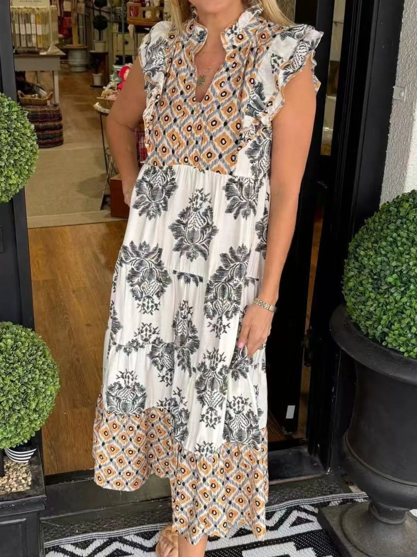 Printed Notched Ruffled Cap Sleeve Dress