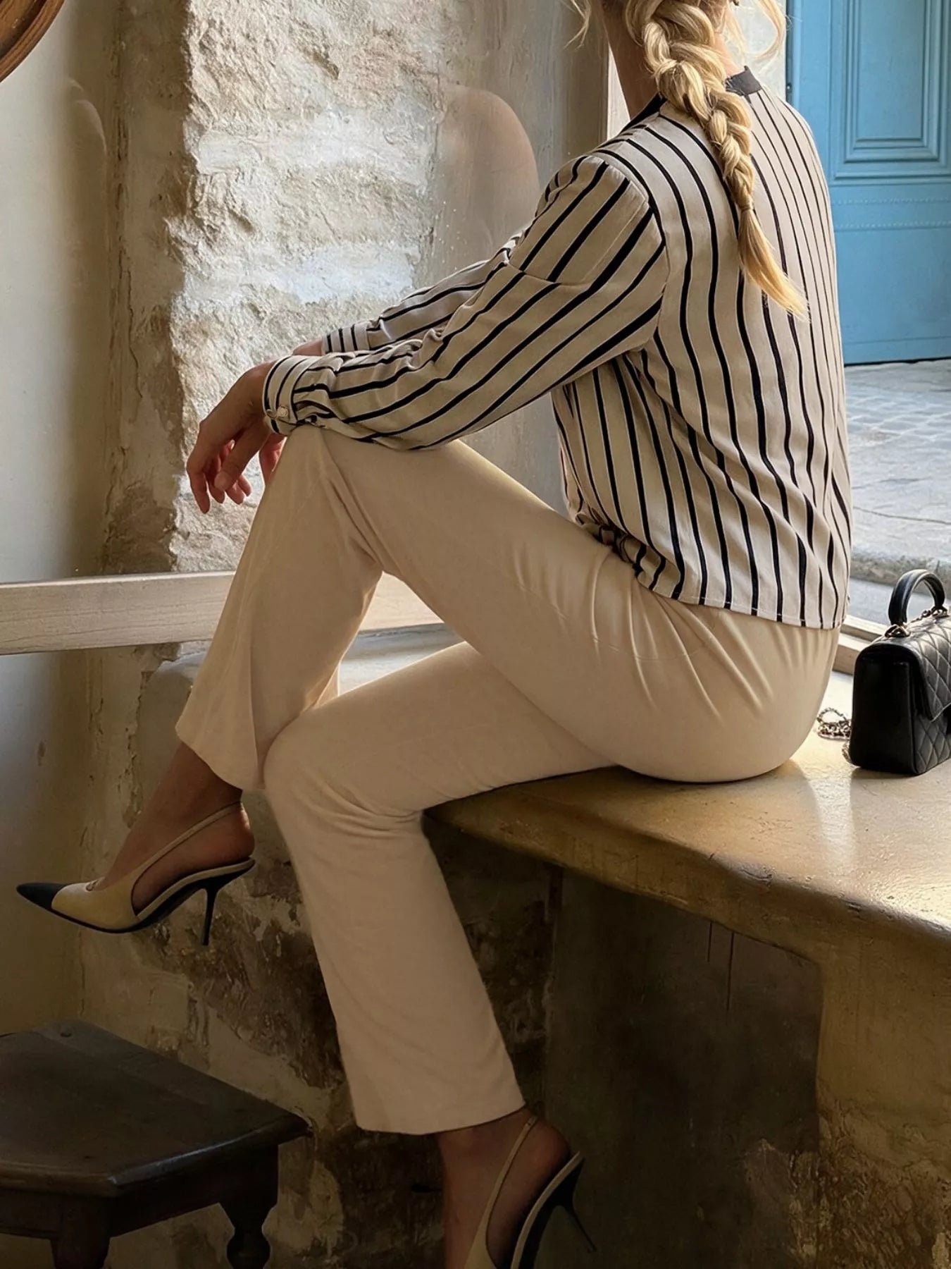 Striped Button-Down Shirt and High-Waisted Flare Pants Set