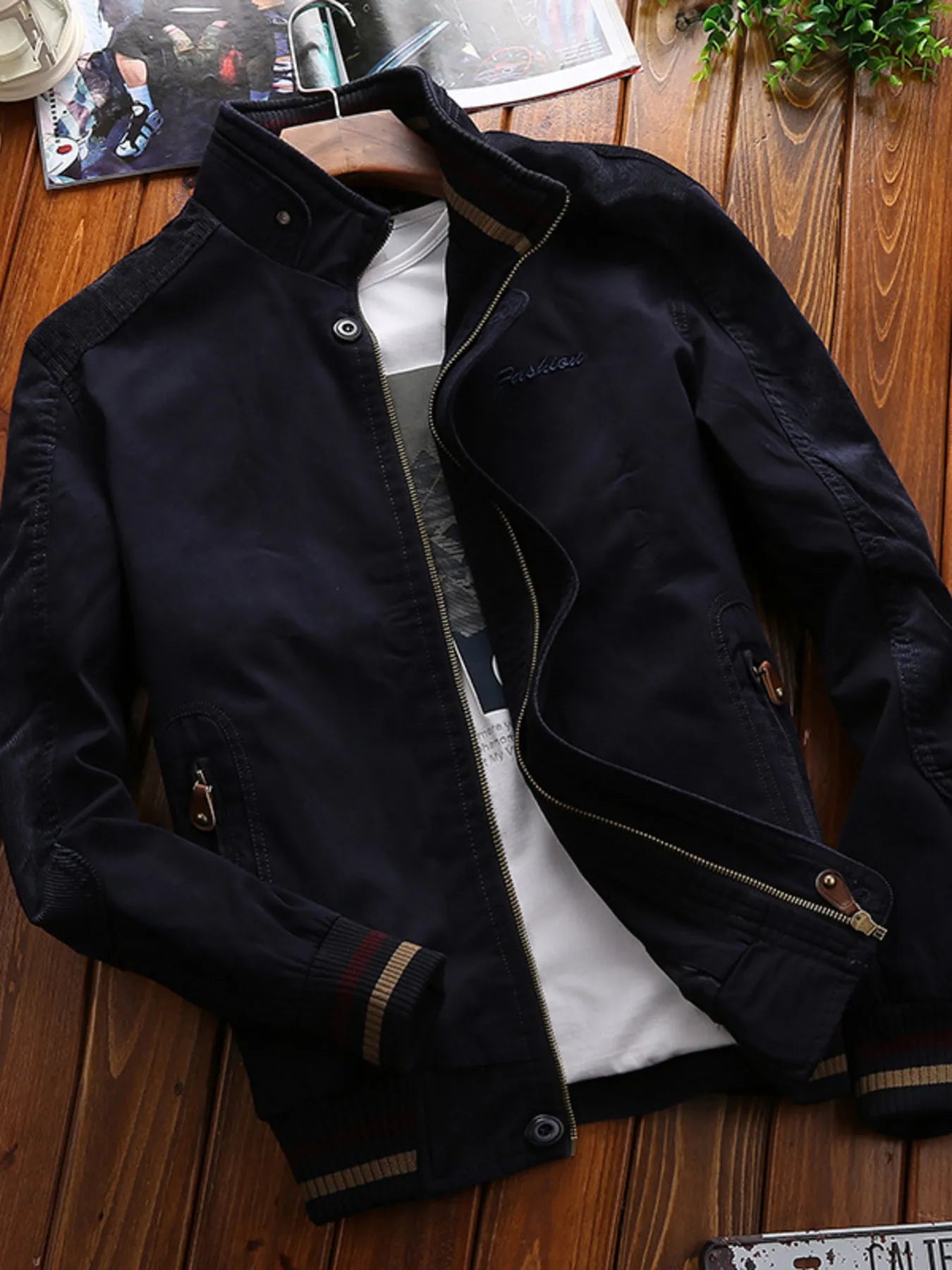 Men's Full Size Bomber Jacket with Ribbed Cuffs and Collar Plus Size