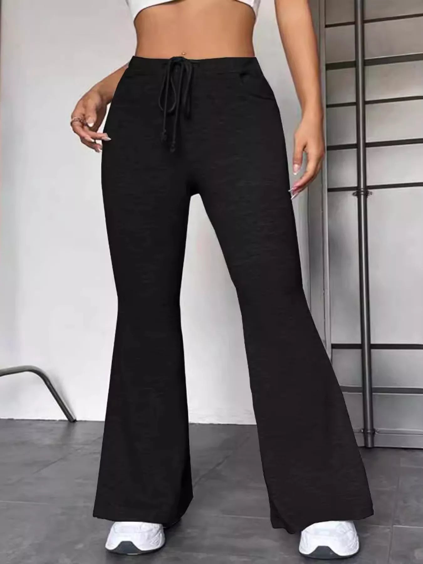 Full Size Casual Drawstring High Waist Flare Pants Plus Size