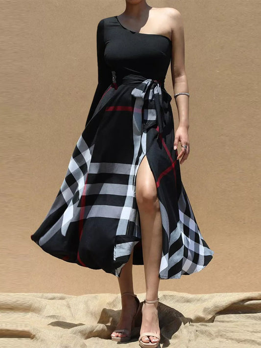 Asymmetrical One-Sleeve Plaid Midi Dress with Waist Tie