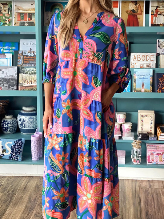 Floral Print 3/4 Sleeve V Neck Tiered Dress