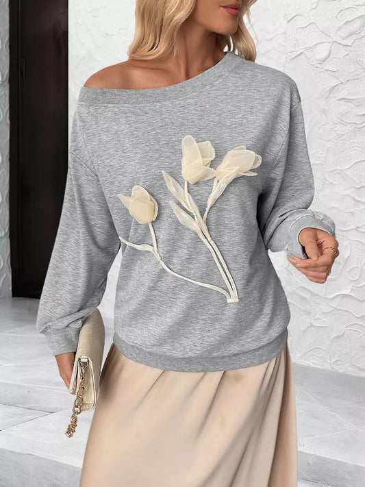 Floral Applique Boat Neck Sweatshirt