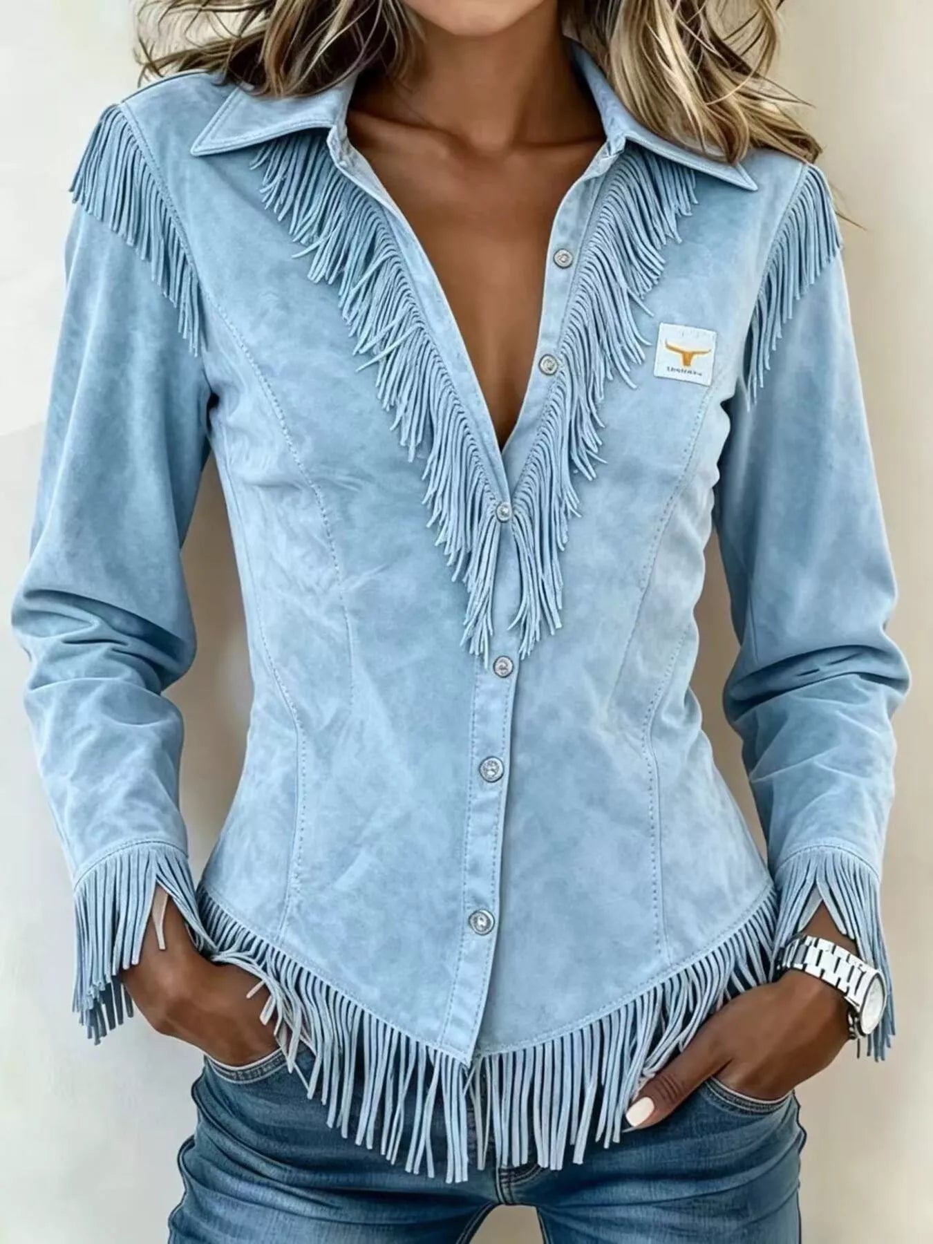 Full Size Fringed Collared Neck Shirt Plus Size