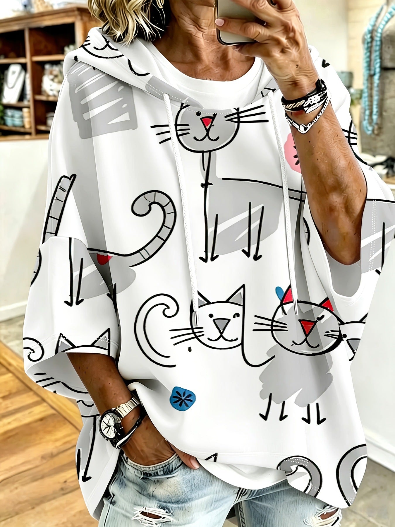 Cartoon Cat Print Hoodie with 3/4 Sleeves & Drawstring