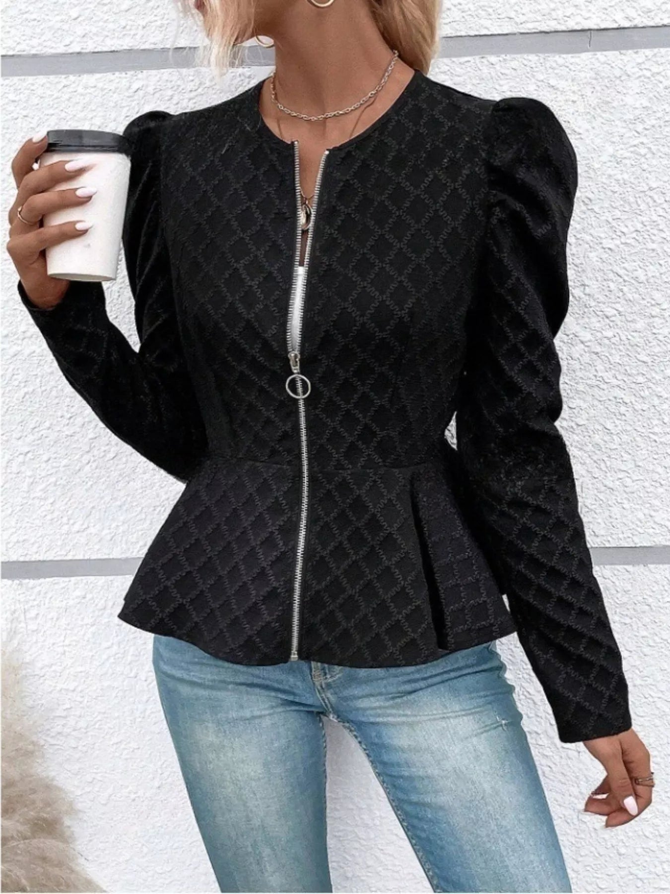 Puff Sleeve Textured Jacquard Jacket