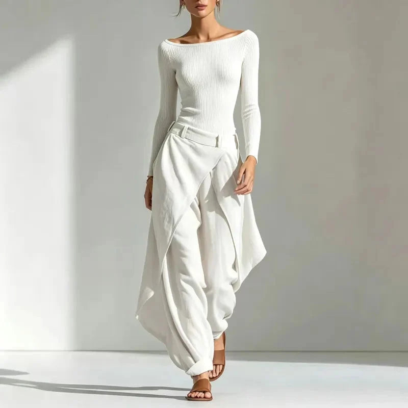 Women's Off-Shoulder Slim Top & Draped Wide Leg Pants Two-Piece Set