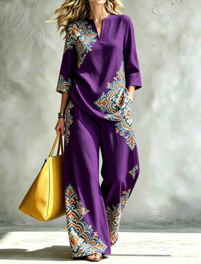 Printed Wide-Leg Trouser Set | V-Neck Top & Pants Two-Piece
