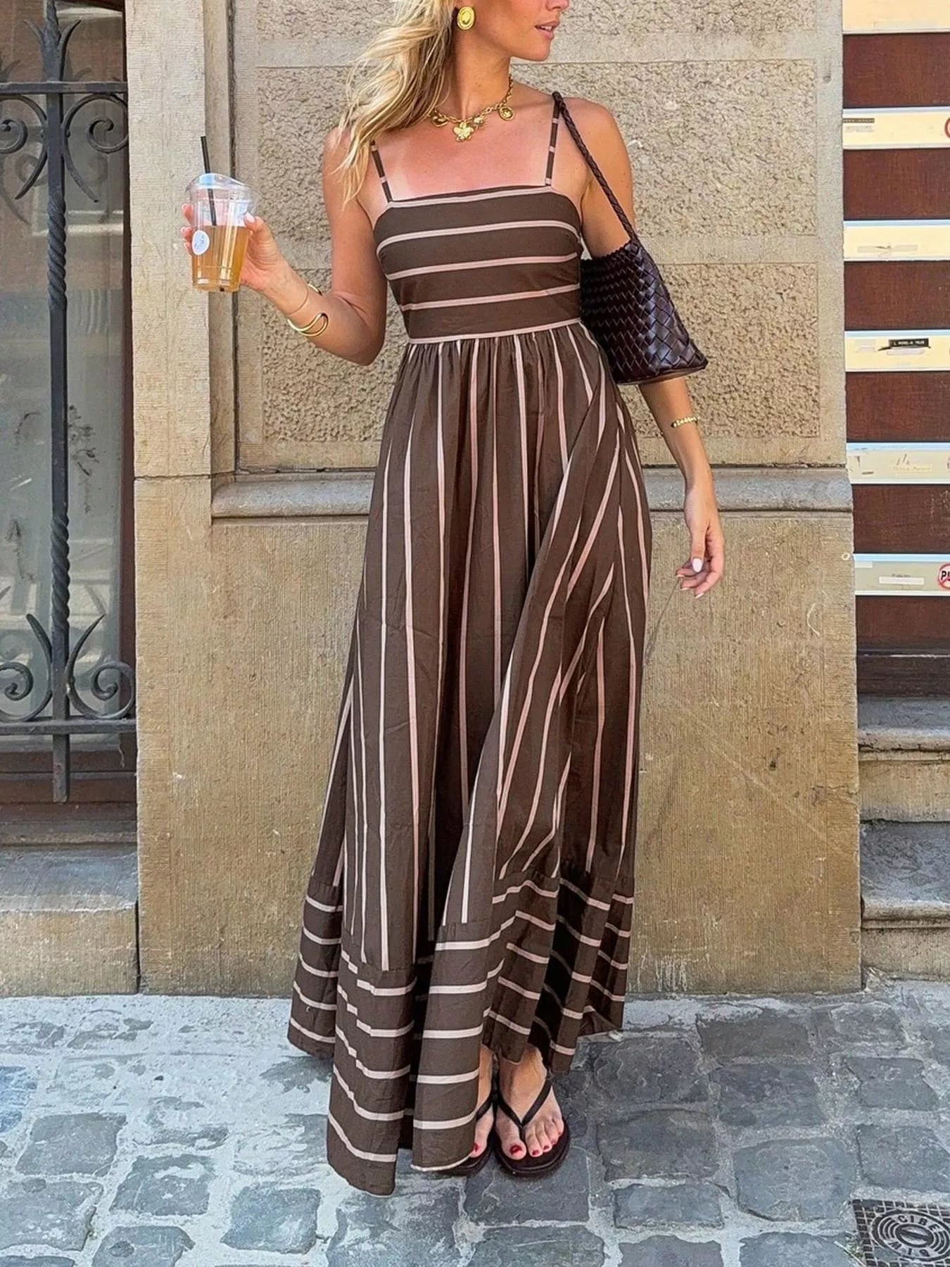 Cutout Back Striped Maxi Dress