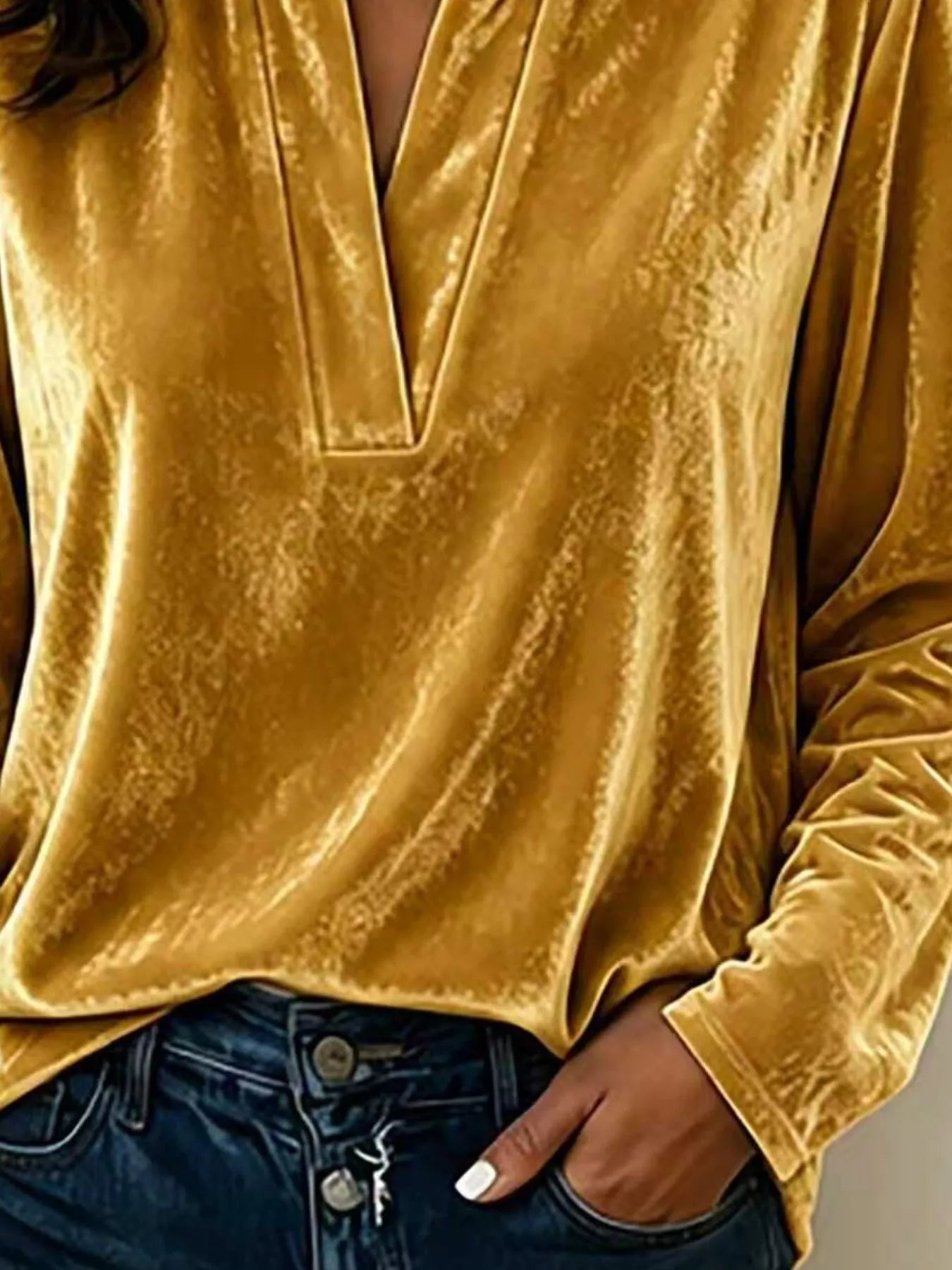Full Size Velvet Notched Long Sleeve Blouse Plus Size