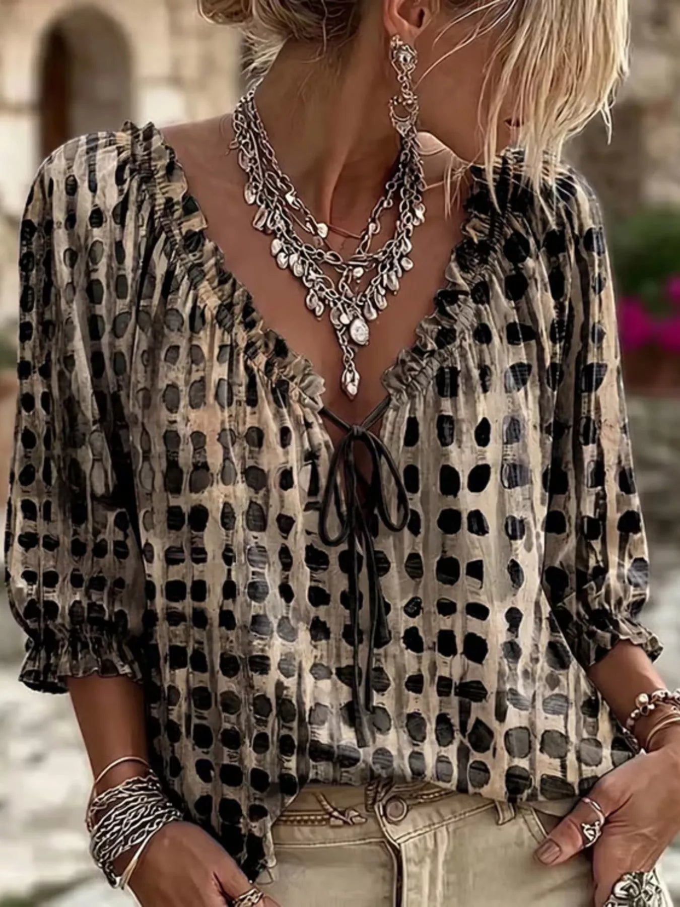 Full Size Tie Neck 3/4 Sleeve Blouse Plus Size