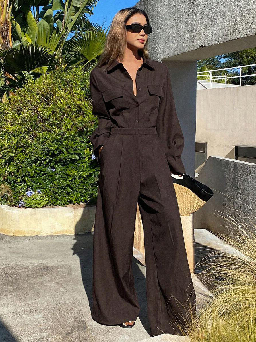 Women's Collar Long Sleeve Jumpsuit – Loose Fit Full Length