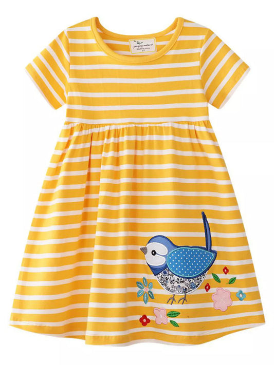Children's Striped Bird Embroidered Casual Dress