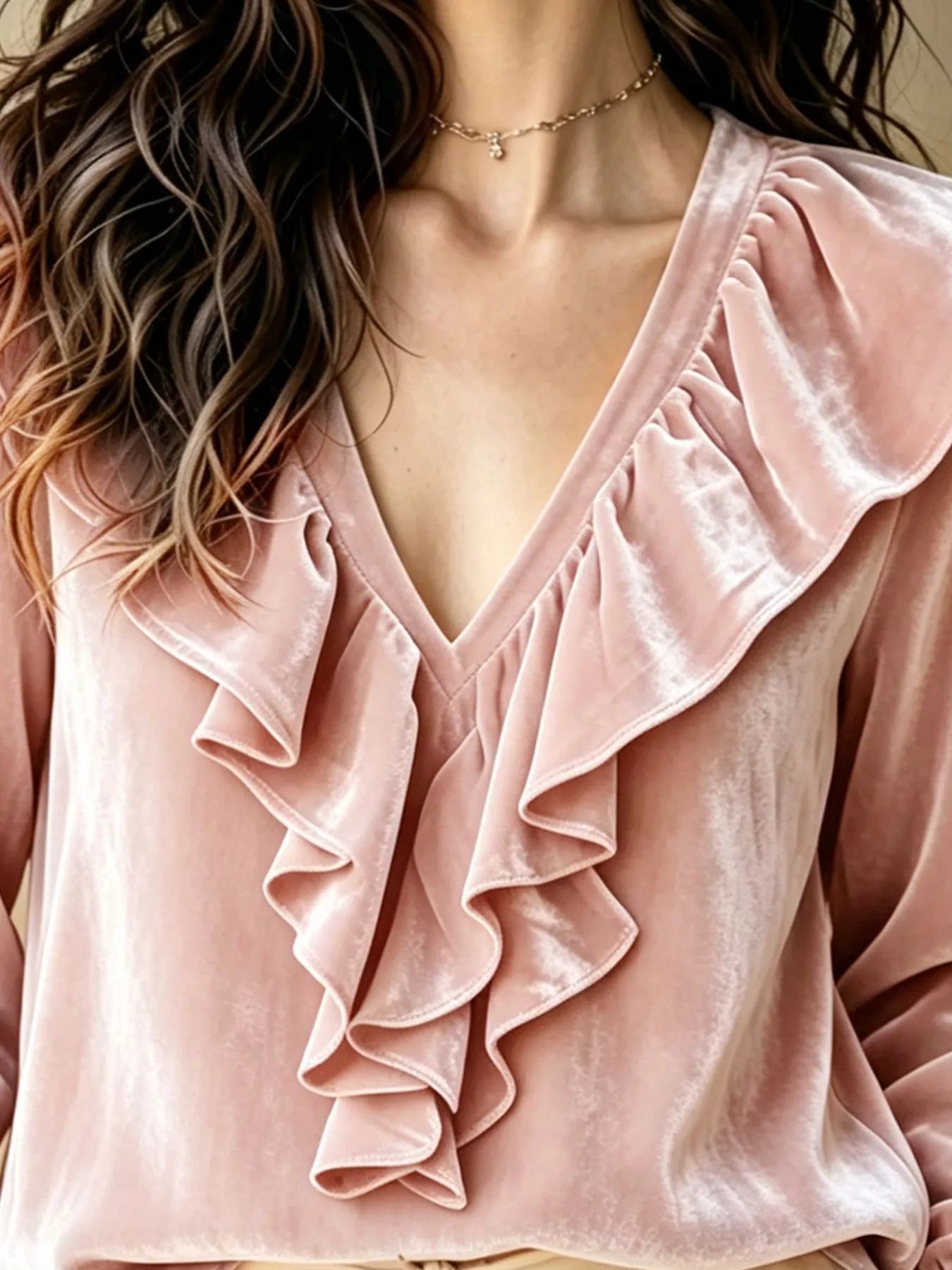 Ruffled V-Neck Long Sleeve Blouse