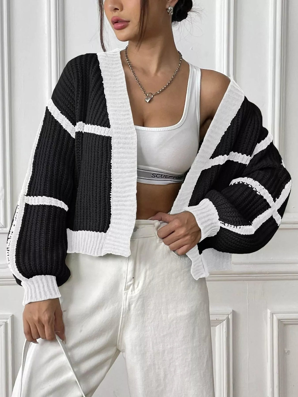 Color-Block Ribbed Knit Open-Front Cropped Cardigan
