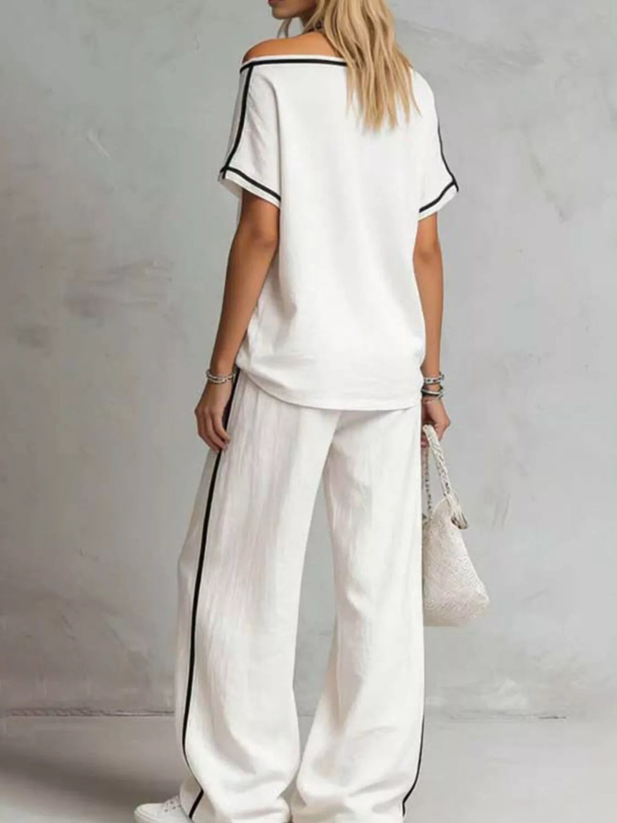 Contrast Trim Round Neck Top and Pants Set