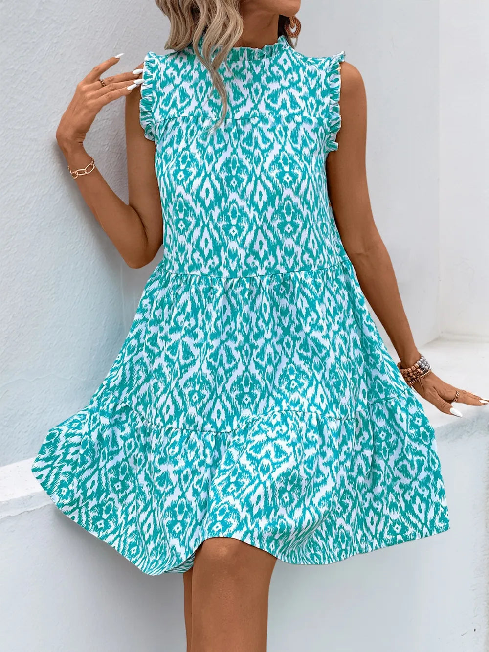 Printed Frill Sleeveless Tiered Mini Dress