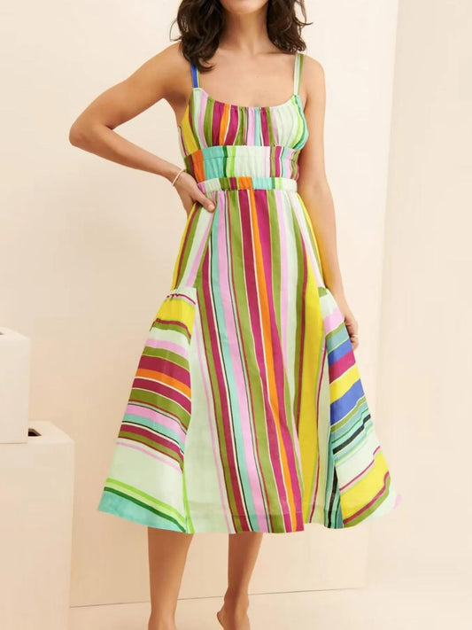 Colorful Striped Spaghetti Strap Midi Dress