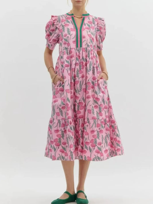Floral Puff Sleeve Midi Dress with Contrast Trim