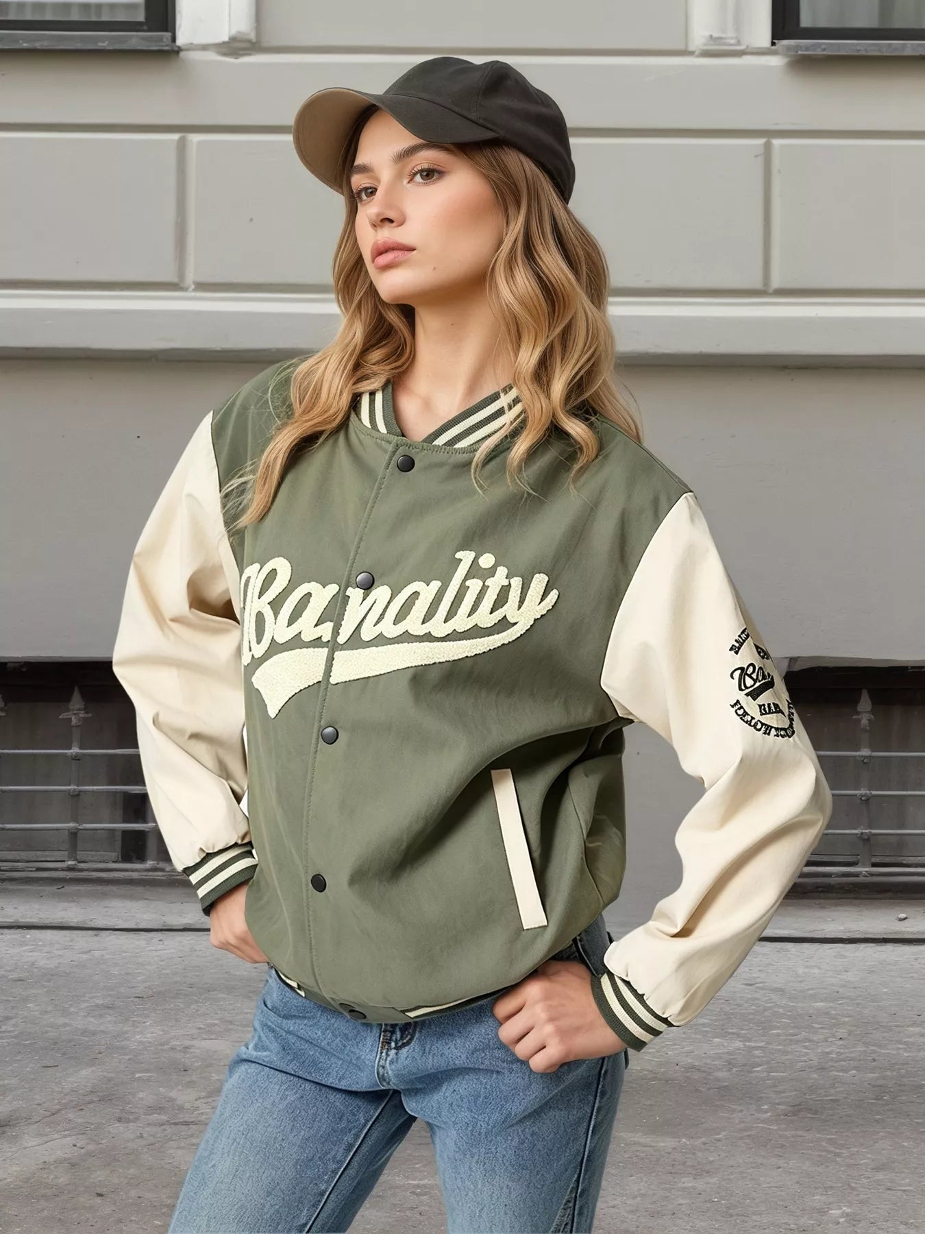Contrast Baseball Jacket with Embroidered Lettering