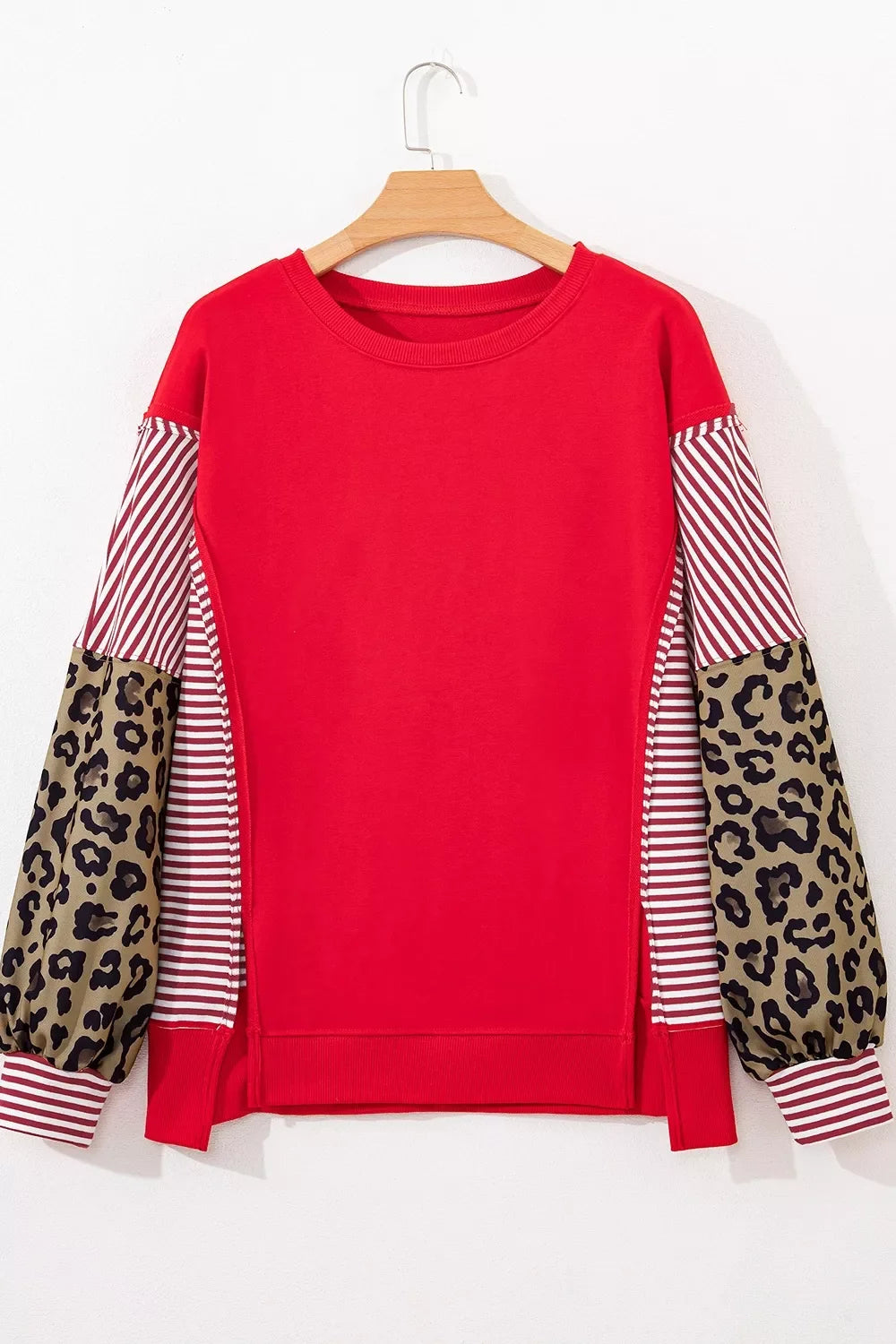 Leopard and Striped Patchwork Sleeves Sweatshirt