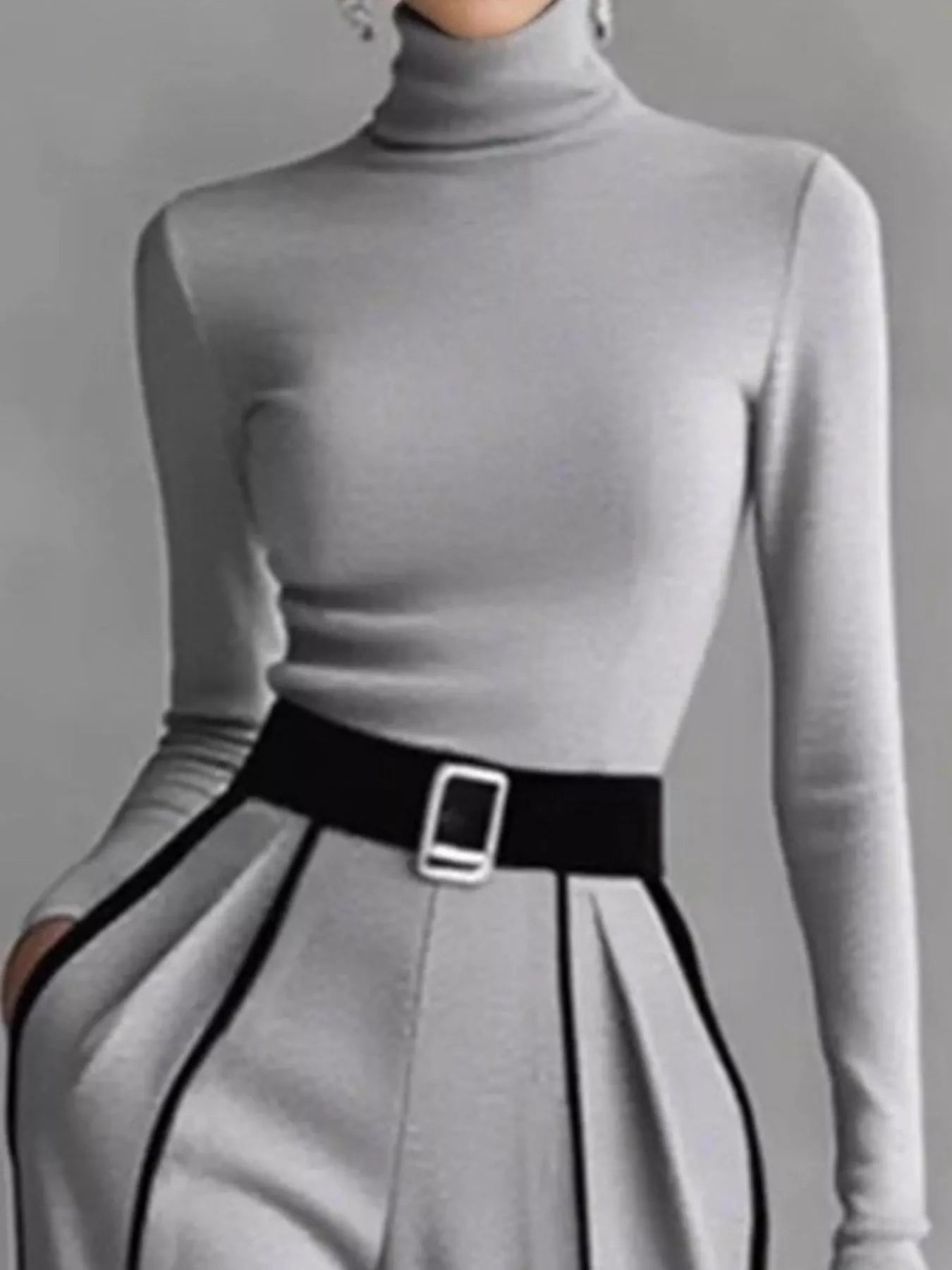 Turtleneck Long Sleeve Top and Contrast Pants Set