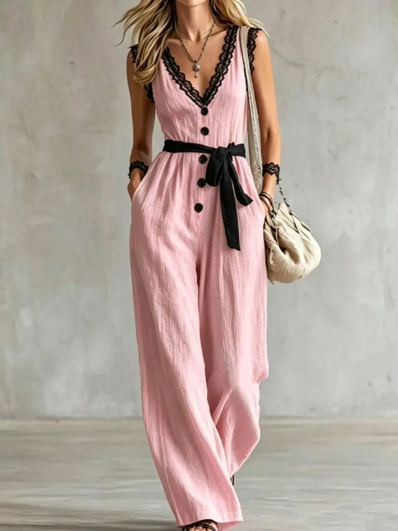 Lace Trim Sleeveless Wide Leg Jumpsuit