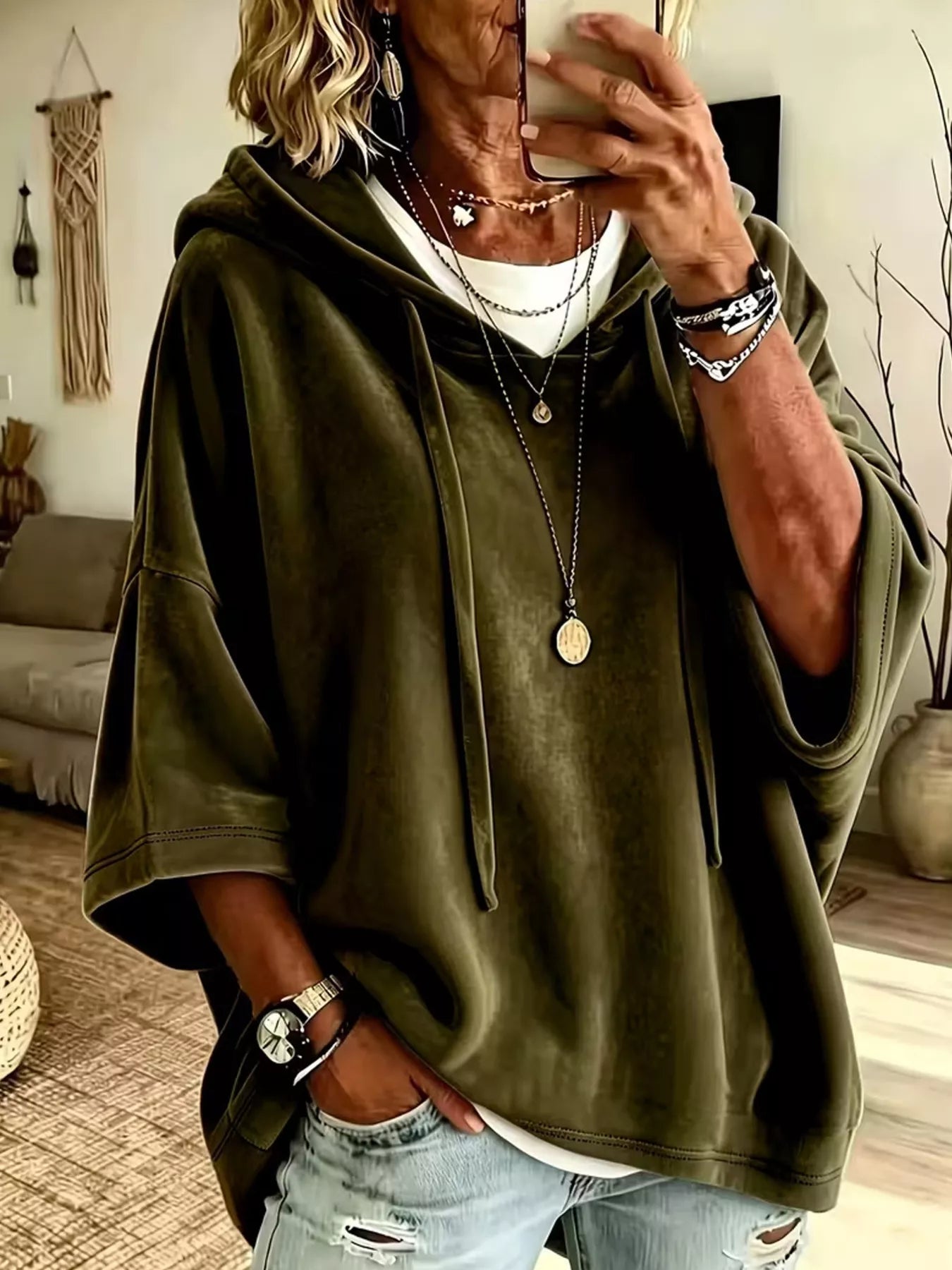 Velvet Loose Fit Hoodie with Drawstring