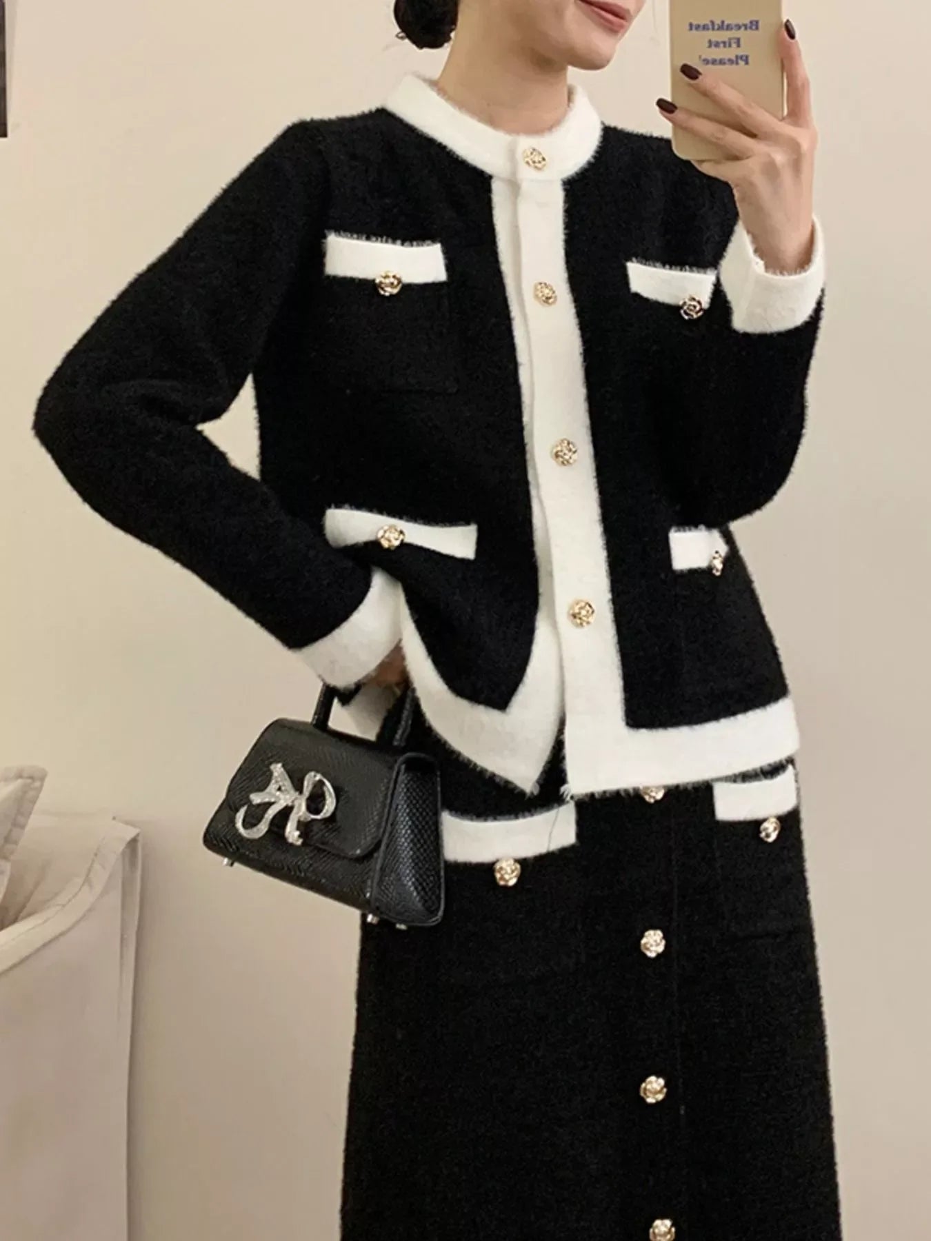 Contrast Trim Jacket and Skirts Sweater Set