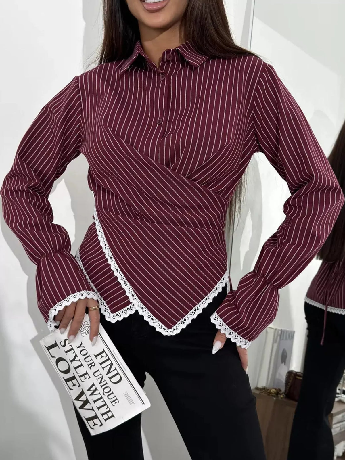 Lace Trim Long Sleeves Striped Shirt